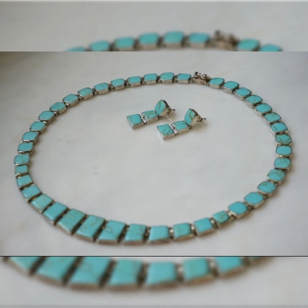 Vintage hand-cut Chilean Turquoise 925 silver earring and necklace set - Picture 2 of 10